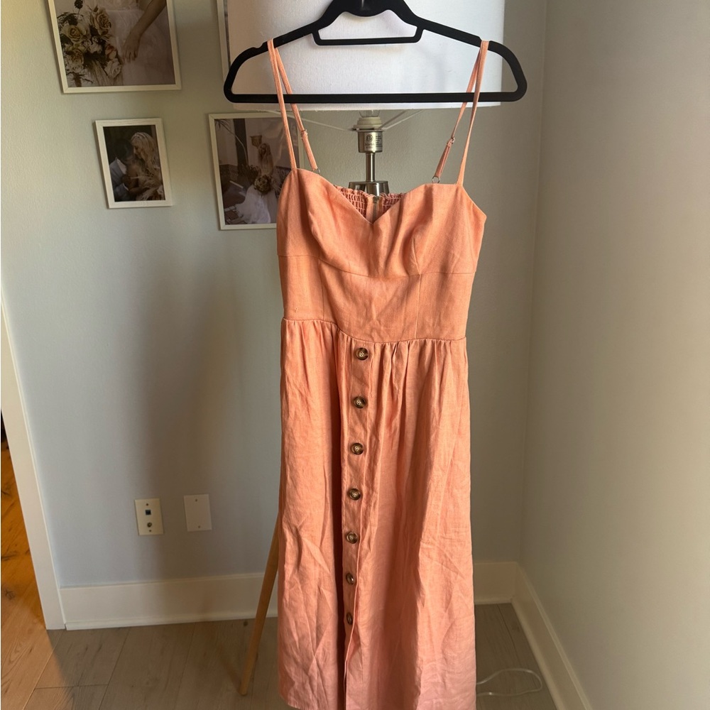 Reformation Peach Button-Down Linen Cale Dress